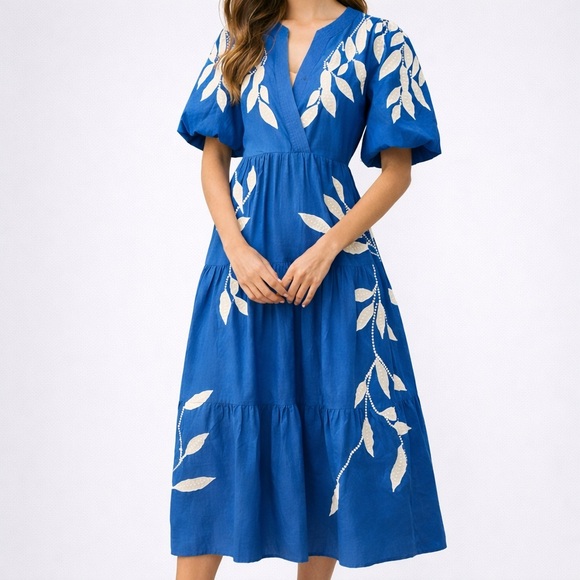 Anthropologie Short Sleeve Embroidery Appliqué Maxi Dress New - Picture 2 of 10